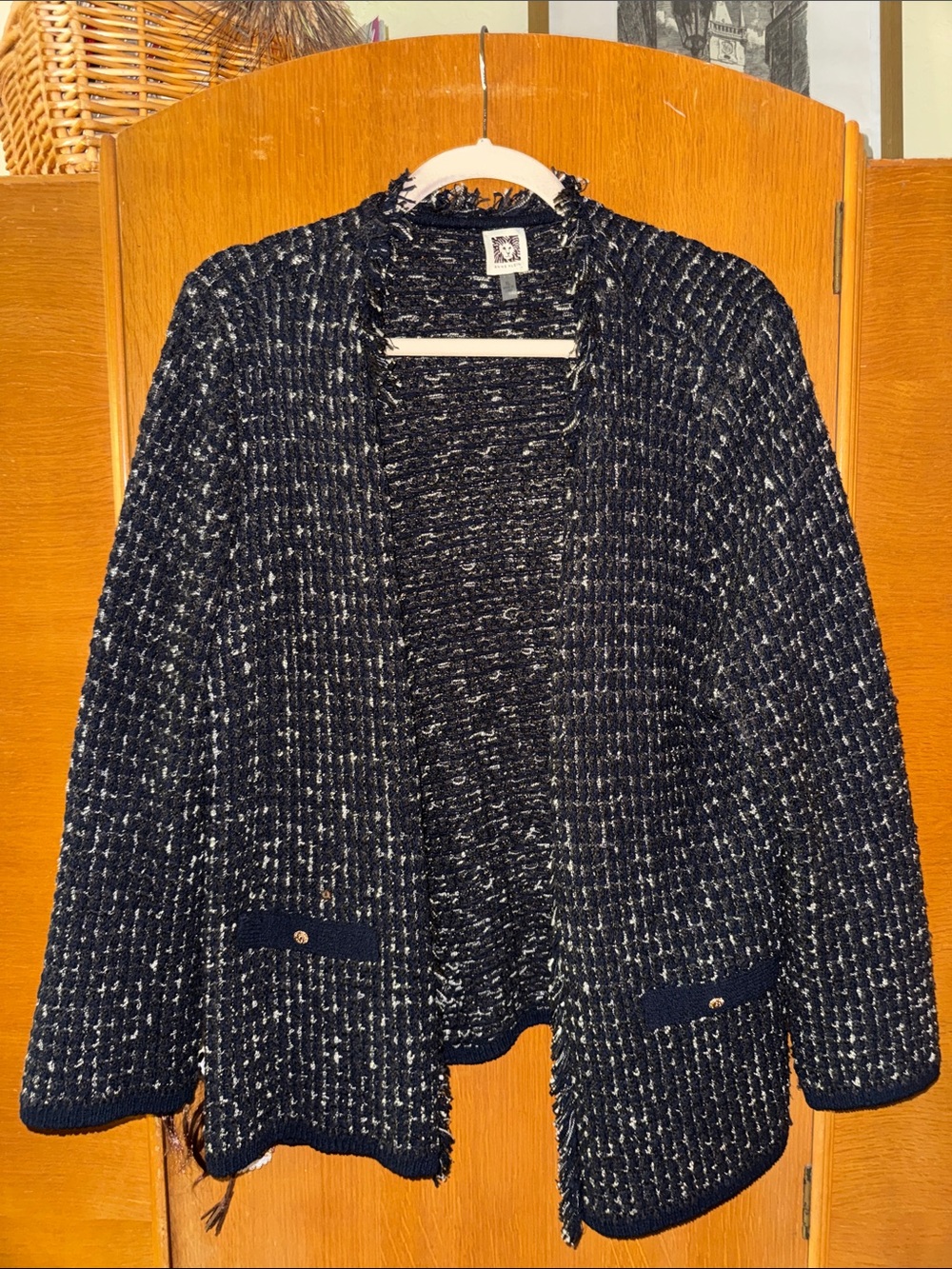 Anne Klein Navy and White Textured Knit Jacket